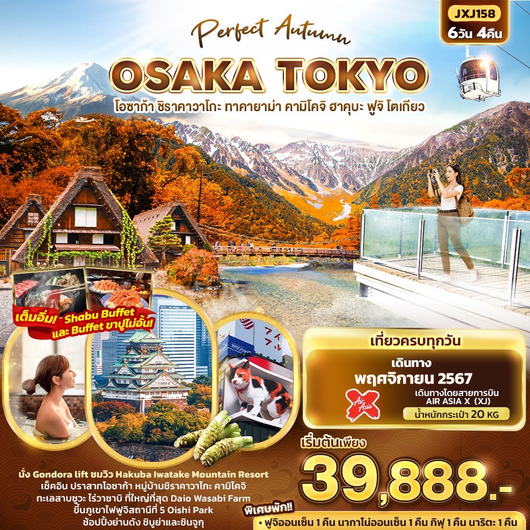 ทัวร์ญี่ปุ่น Perfect Autumn OSAKA TOKYO โอซาก้า ชิราคาวาโกะ ทาคายาม่า คามิโคจิ ฮาคุบะ ฟูจิ โตเกียว 6วัน 4คืน (XJ)